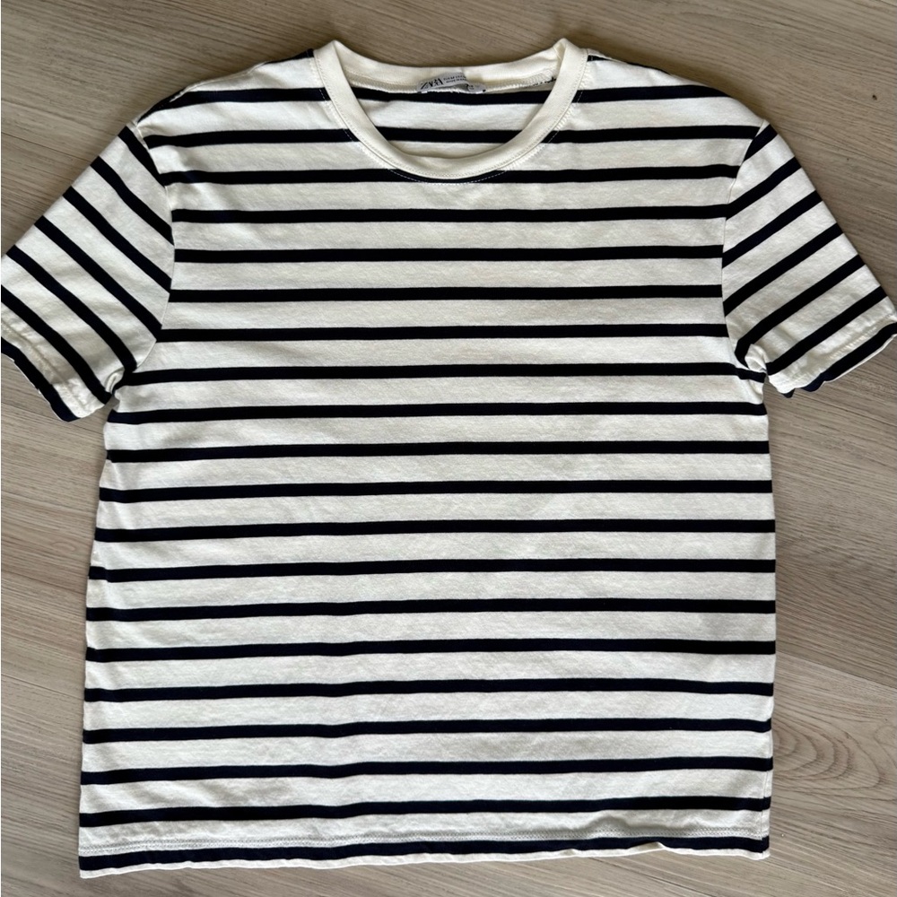 Zara Women’s cream and black striped tee Medium
